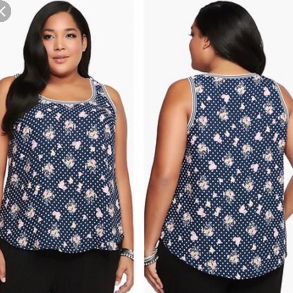 Torrid Navy Blue Polka Dot Floral Tank Top Plus Size 1X